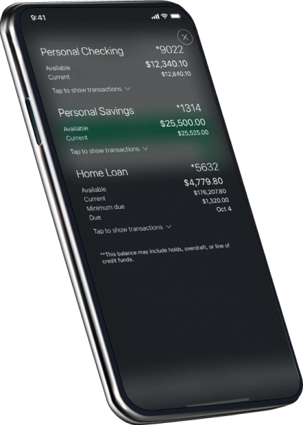 Mobile phone showing mobile banking transactions