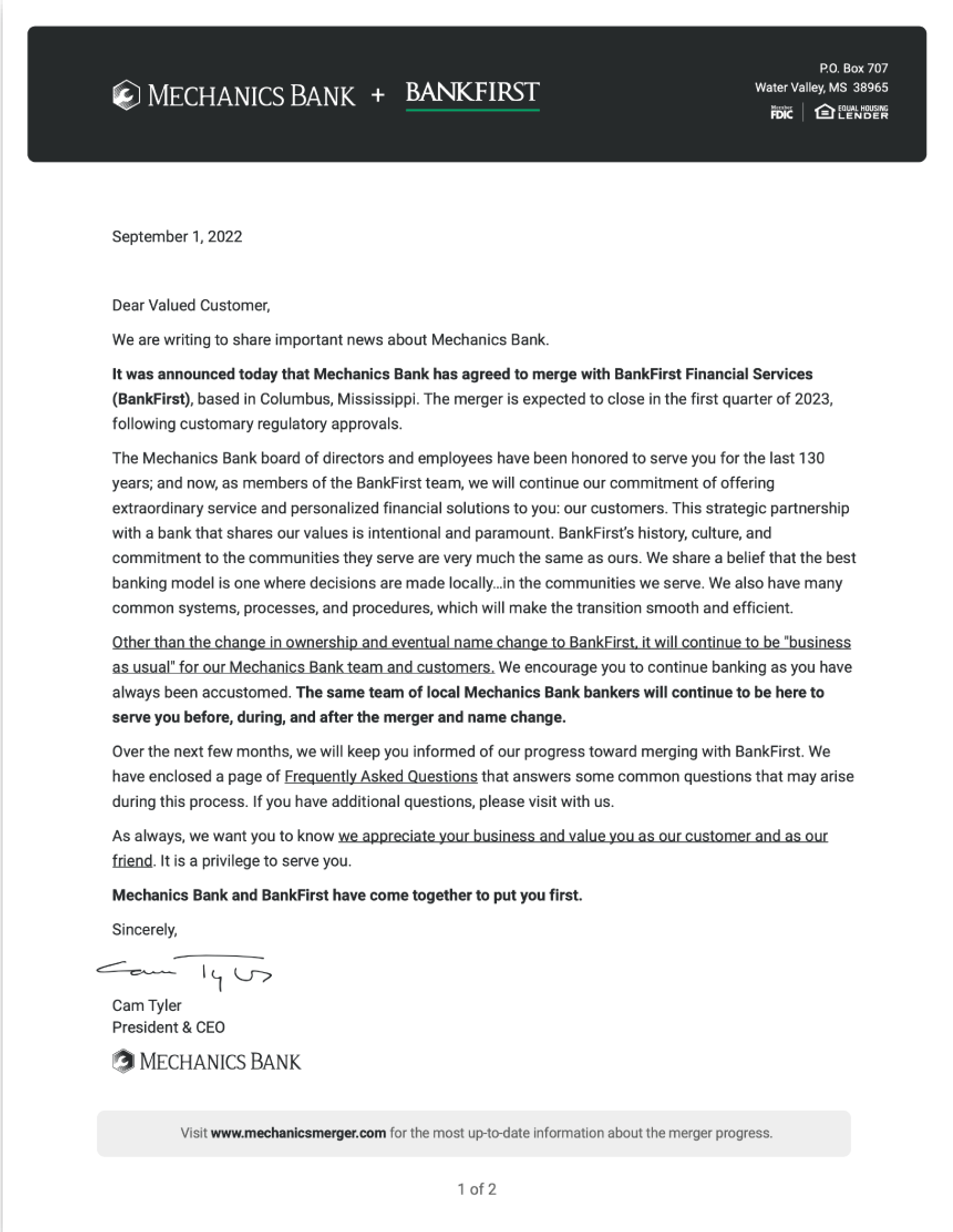 Mechanics Bank Customer Letter