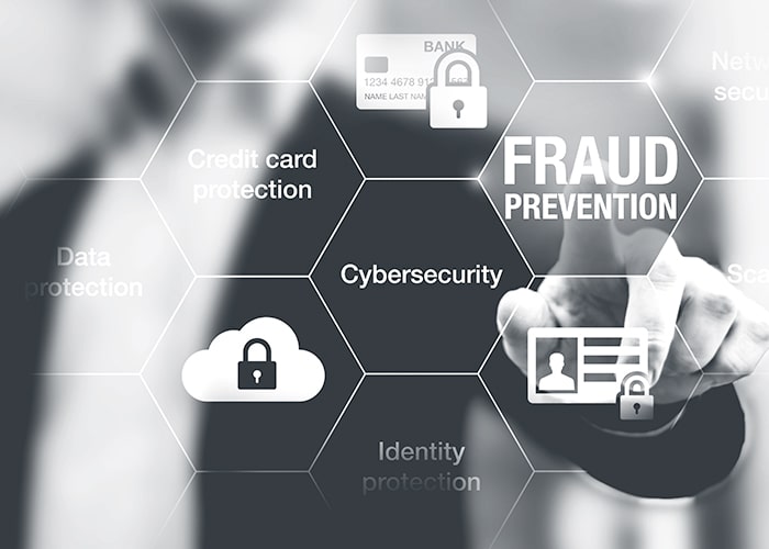 Multiple tiles with phrase and/or graphics including Fraud Prevention, Cybersecurity